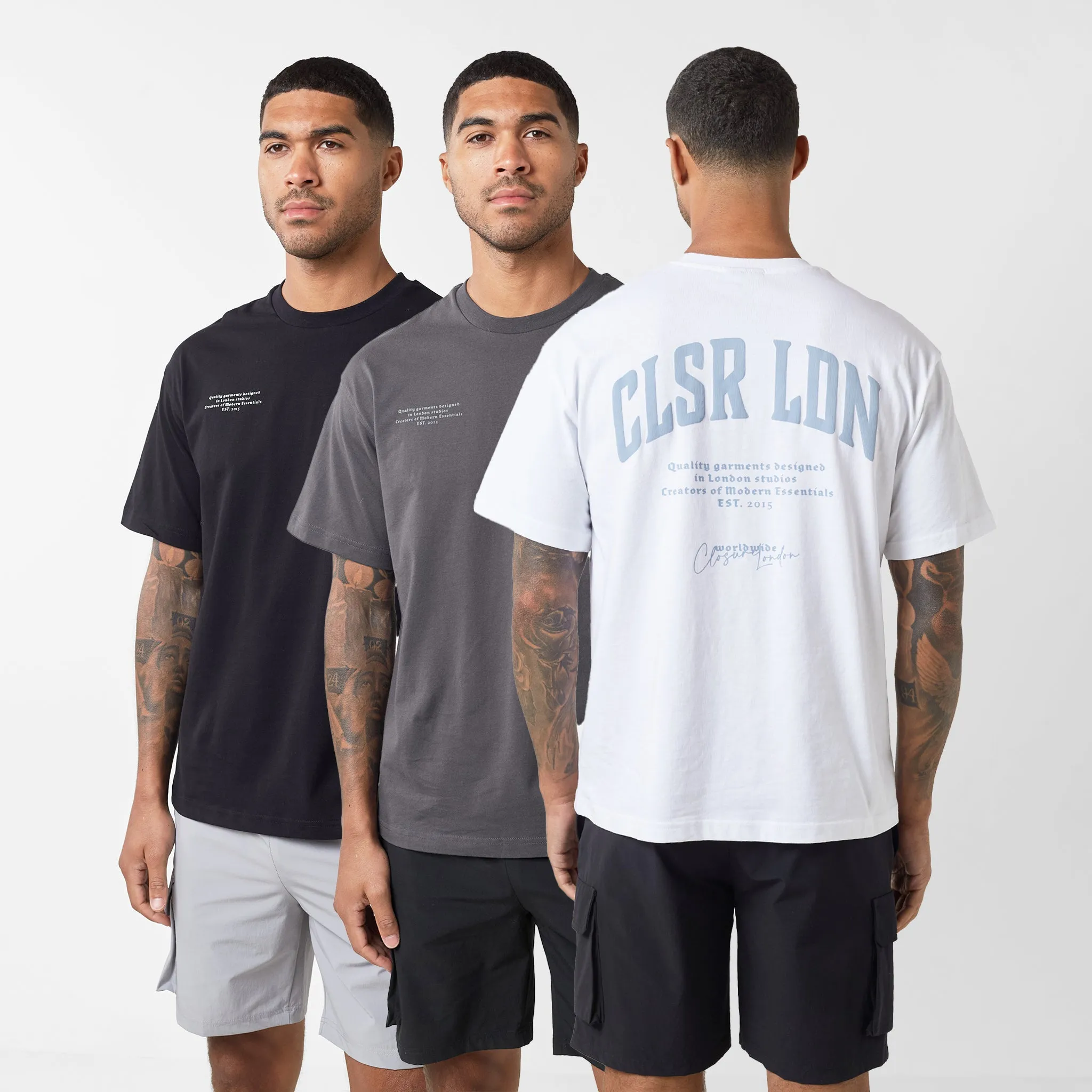 3-Pack Stacked Varsity T-Shirts | Black/Charcoal/White
