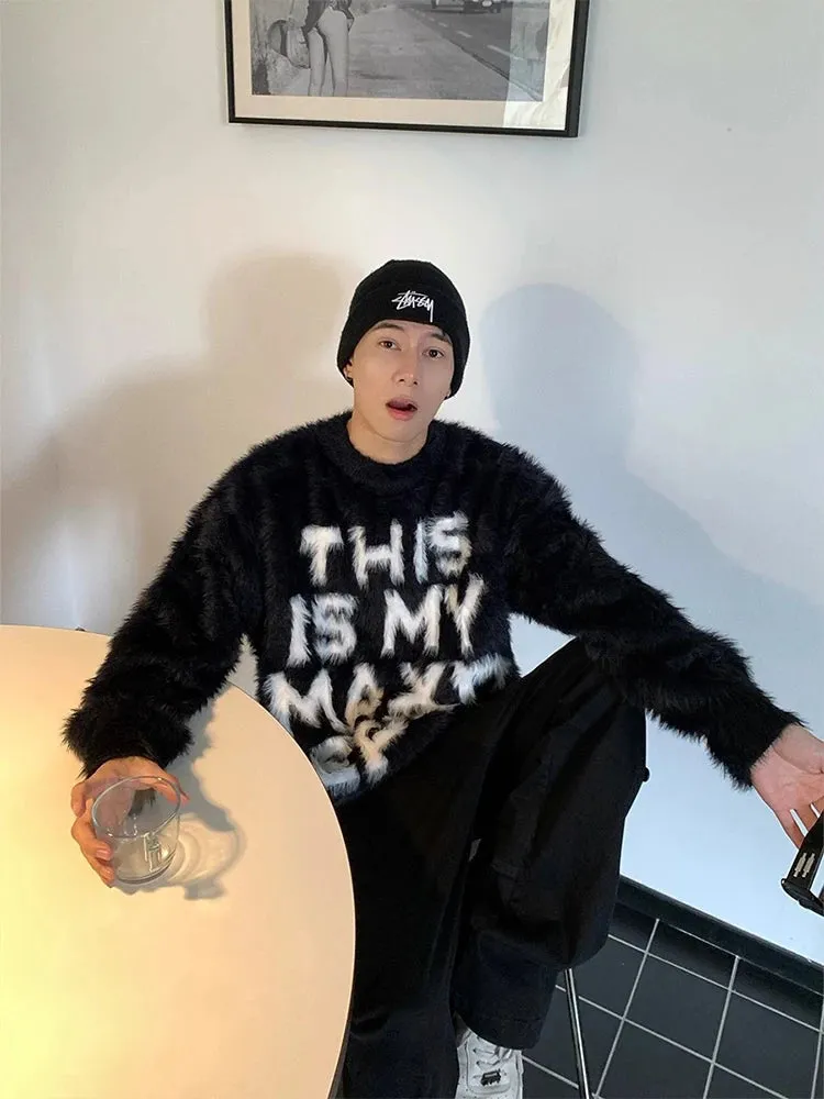 Aidase Y2K Letter Jacquard Sweater Men High Street Autumn Winter Loose Drop Shoulder Long Sleeve Knitted Pullover Male