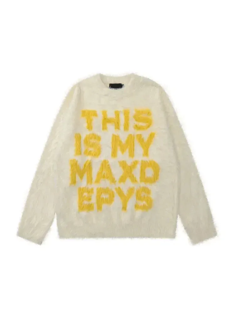 Aidase Y2K Letter Jacquard Sweater Men High Street Autumn Winter Loose Drop Shoulder Long Sleeve Knitted Pullover Male