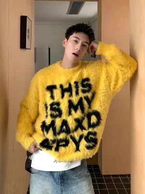 Aidase Y2K Letter Jacquard Sweater Men High Street Autumn Winter Loose Drop Shoulder Long Sleeve Knitted Pullover Male