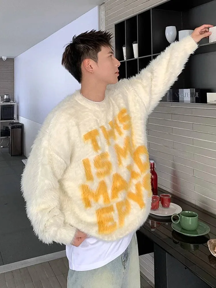 Aidase Y2K Letter Jacquard Sweater Men High Street Autumn Winter Loose Drop Shoulder Long Sleeve Knitted Pullover Male
