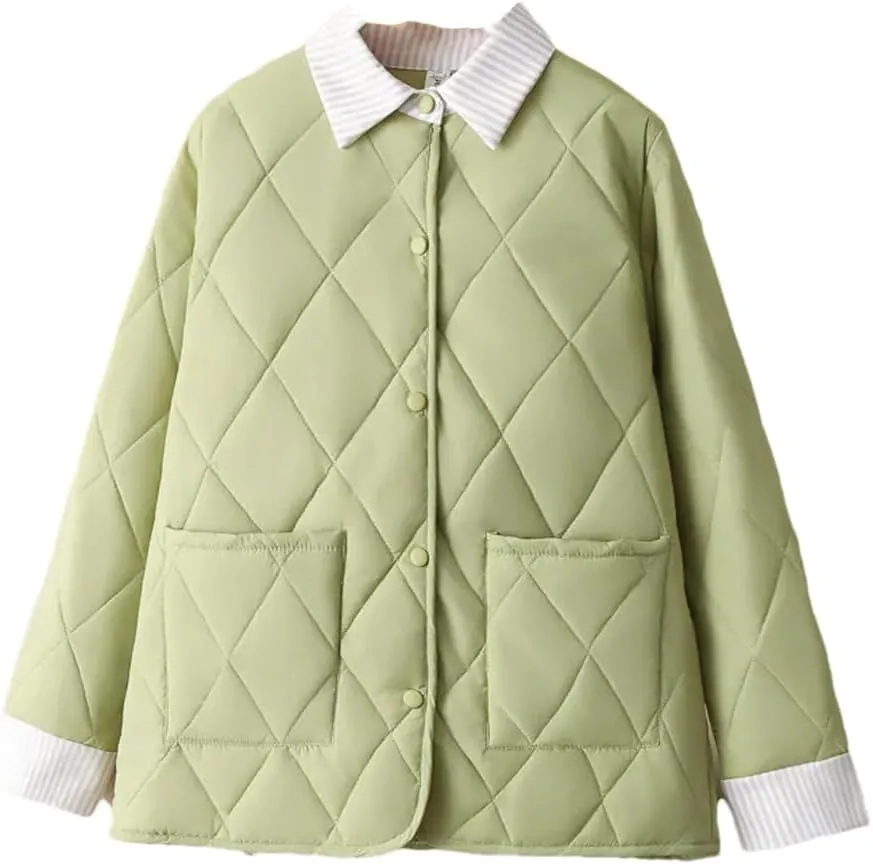 Alloaone Women Parka Autumn Winter Loose Thin Argyle Lapel Block Color Cotton-Padded Coat