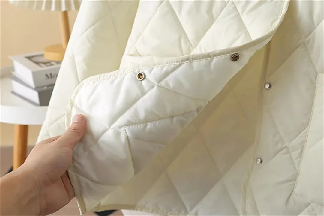 Alloaone Women Parka Autumn Winter Loose Thin Argyle Lapel Block Color Cotton-Padded Coat