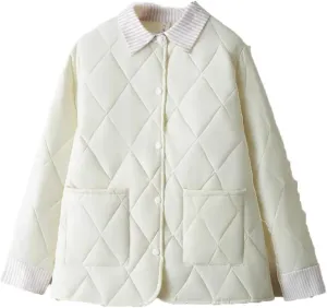 Alloaone Women Parka Autumn Winter Loose Thin Argyle Lapel Block Color Cotton-Padded Coat