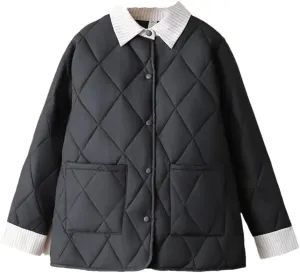 Alloaone Women Parka Autumn Winter Loose Thin Argyle Lapel Block Color Cotton-Padded Coat