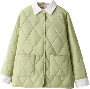 Alloaone Women Parka Autumn Winter Loose Thin Argyle Lapel Block Color Cotton-Padded Coat