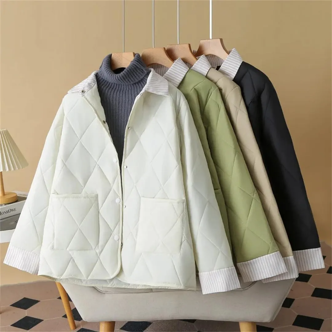 Alloaone Women Parka Autumn Winter Loose Thin Argyle Lapel Block Color Cotton-Padded Coat