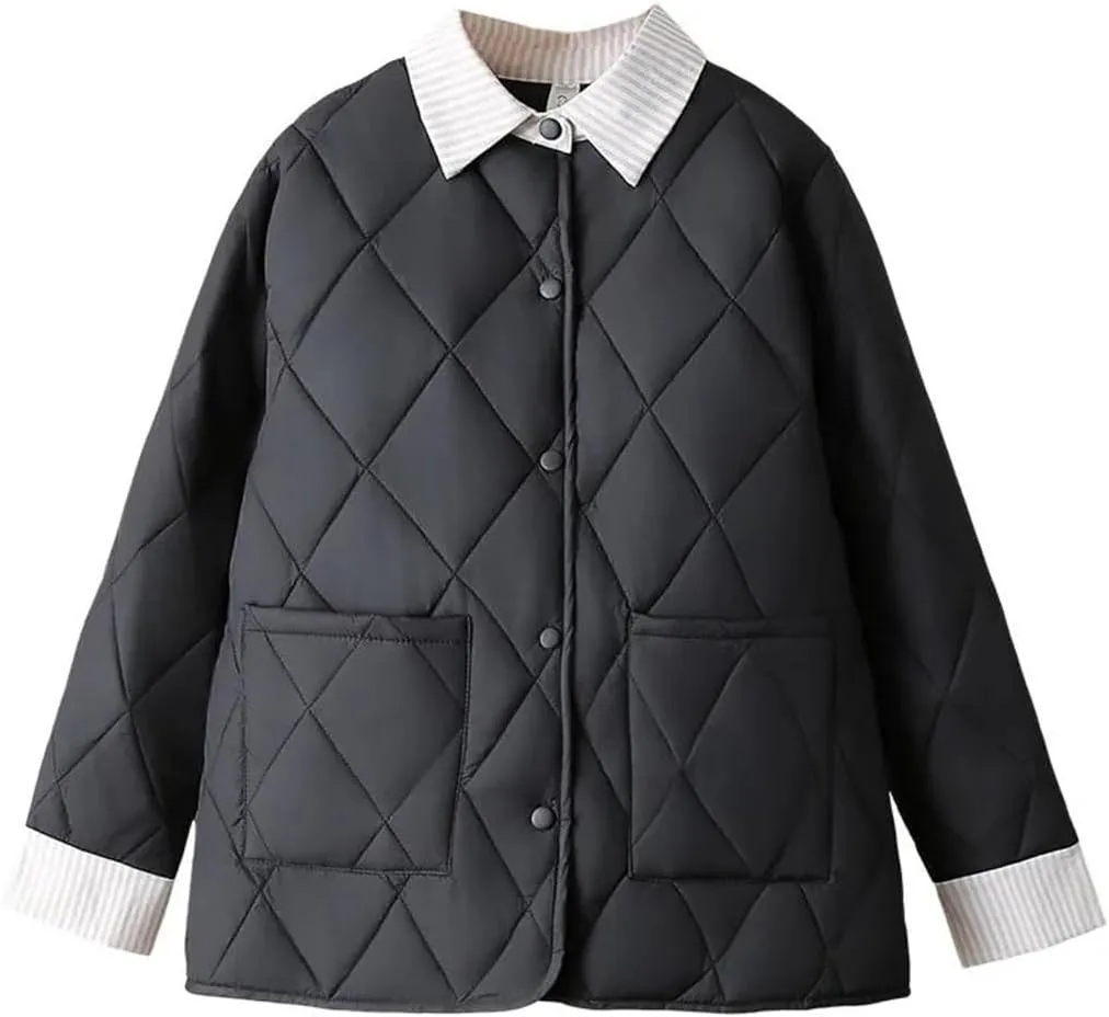 Alloaone Women Parka Autumn Winter Loose Thin Argyle Lapel Block Color Cotton-Padded Coat