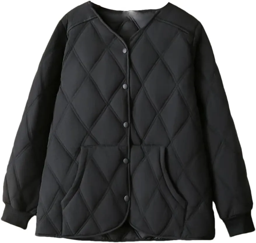 Alloaone Women Parka Autumn/Winter Loose Thin Vertical Pocket Argyle Cotton-Padded Coat