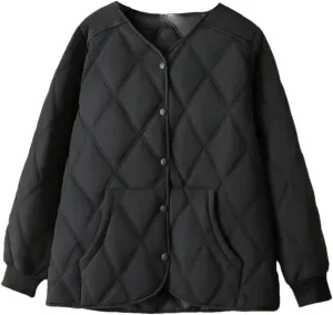 Alloaone Women Parka Autumn/Winter Loose Thin Vertical Pocket Argyle Cotton-Padded Coat