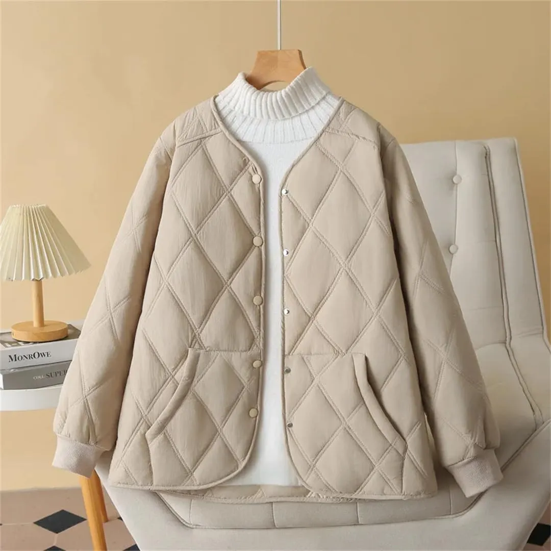 Alloaone Women Parka Autumn/Winter Loose Thin Vertical Pocket Argyle Cotton-Padded Coat
