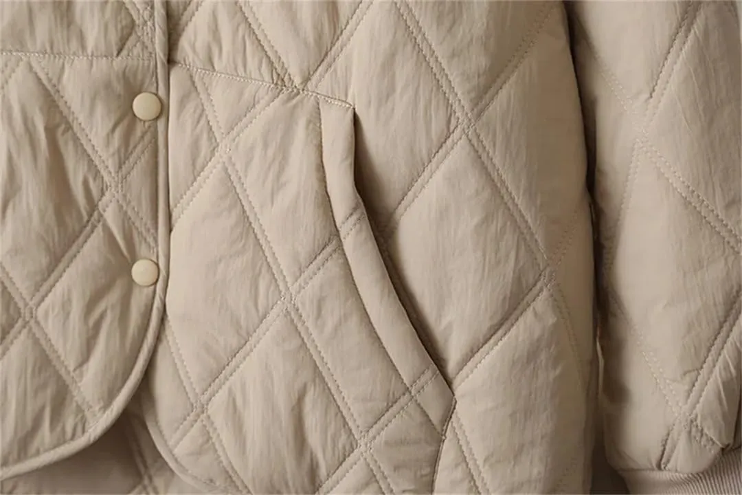 Alloaone Women Parka Autumn/Winter Loose Thin Vertical Pocket Argyle Cotton-Padded Coat