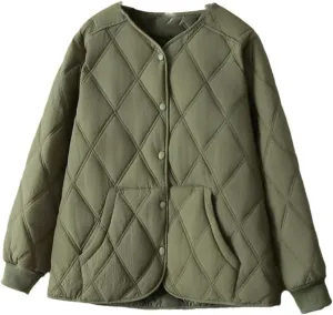 Alloaone Women Parka Autumn/Winter Loose Thin Vertical Pocket Argyle Cotton-Padded Coat