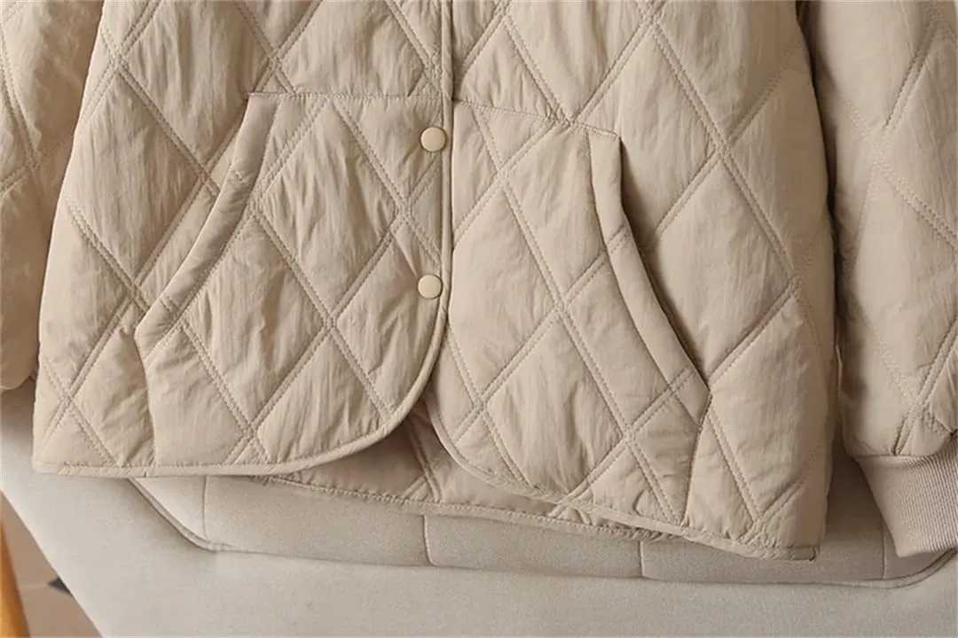 Alloaone Women Parka Autumn/Winter Loose Thin Vertical Pocket Argyle Cotton-Padded Coat