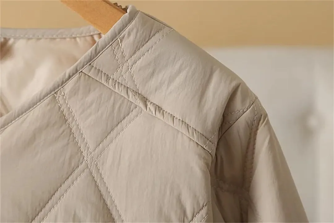 Alloaone Women Parka Autumn/Winter Loose Thin Vertical Pocket Argyle Cotton-Padded Coat