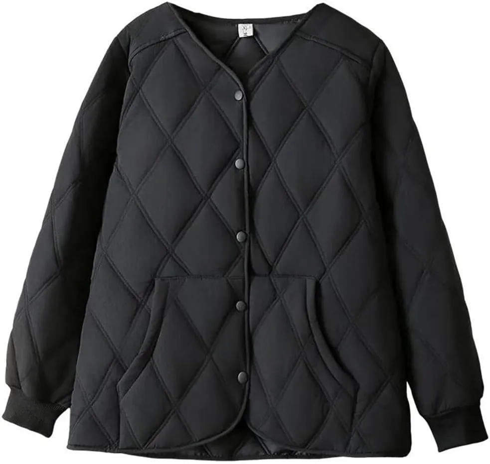 Alloaone Women Parka Autumn/Winter Loose Thin Vertical Pocket Argyle Cotton-Padded Coat