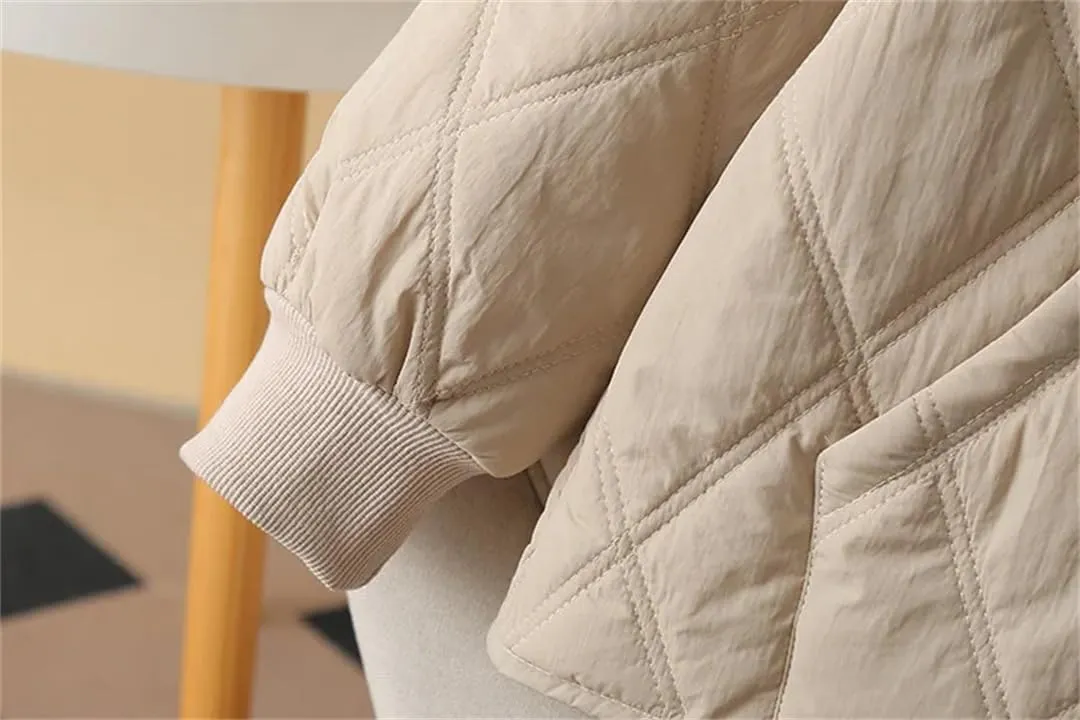 Alloaone Women Parka Autumn/Winter Loose Thin Vertical Pocket Argyle Cotton-Padded Coat
