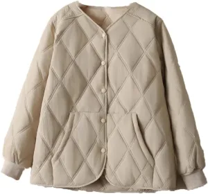 Alloaone Women Parka Autumn/Winter Loose Thin Vertical Pocket Argyle Cotton-Padded Coat