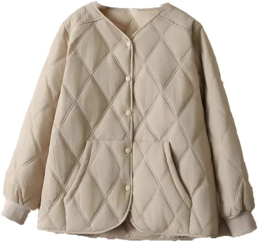 Alloaone Women Parka Autumn/Winter Loose Thin Vertical Pocket Argyle Cotton-Padded Coat