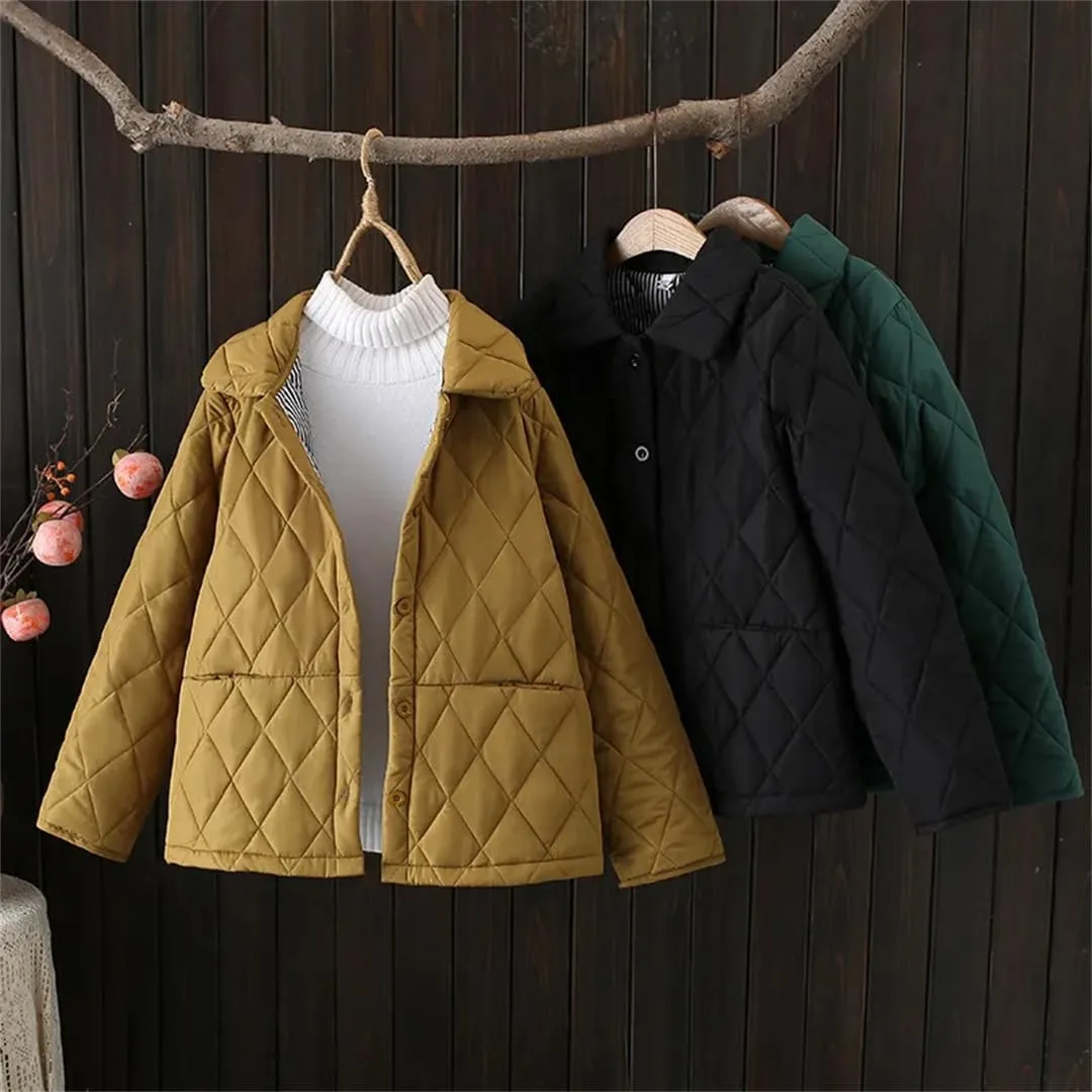 Alloaone Women Parka Winter Wear Loose Thin Argyle Lapel Cotton-Padded Coat