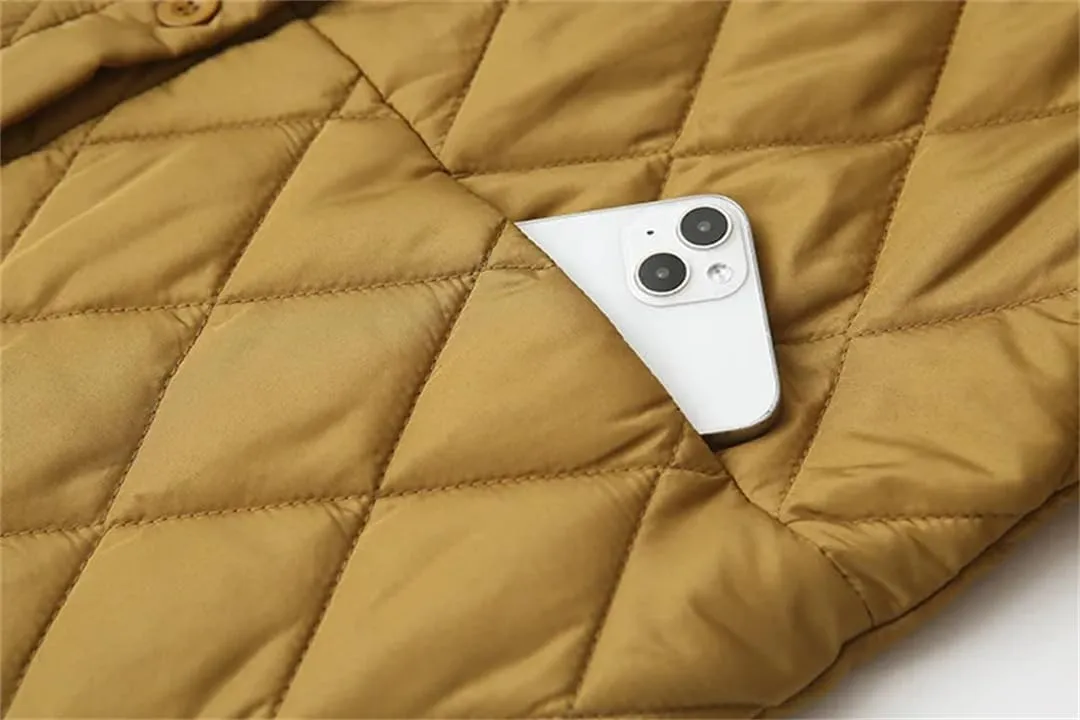 Alloaone Women Parka Winter Wear Loose Thin Argyle Lapel Cotton-Padded Coat