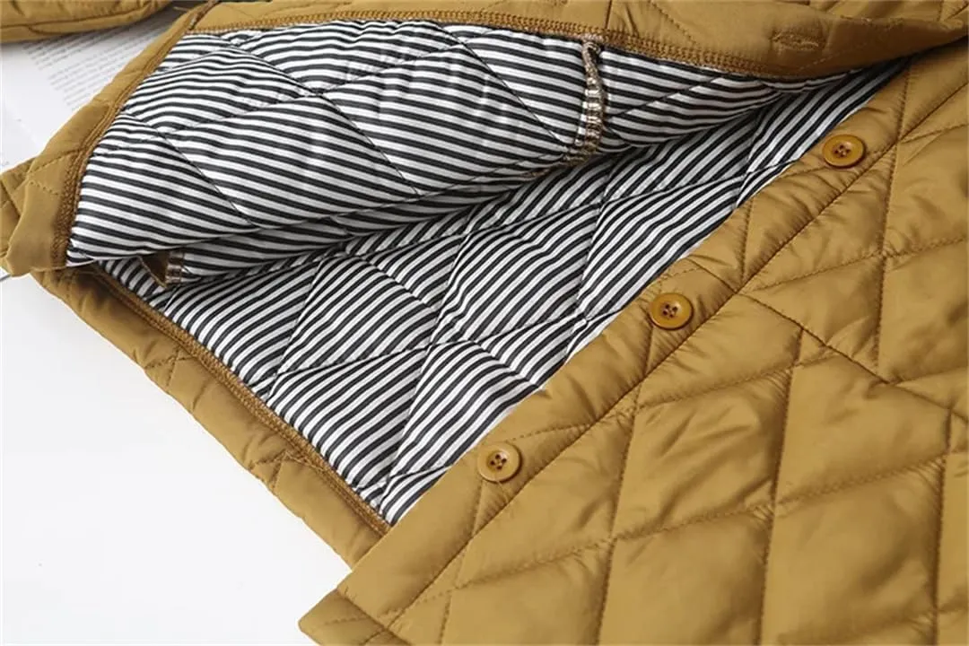 Alloaone Women Parka Winter Wear Loose Thin Argyle Lapel Cotton-Padded Coat