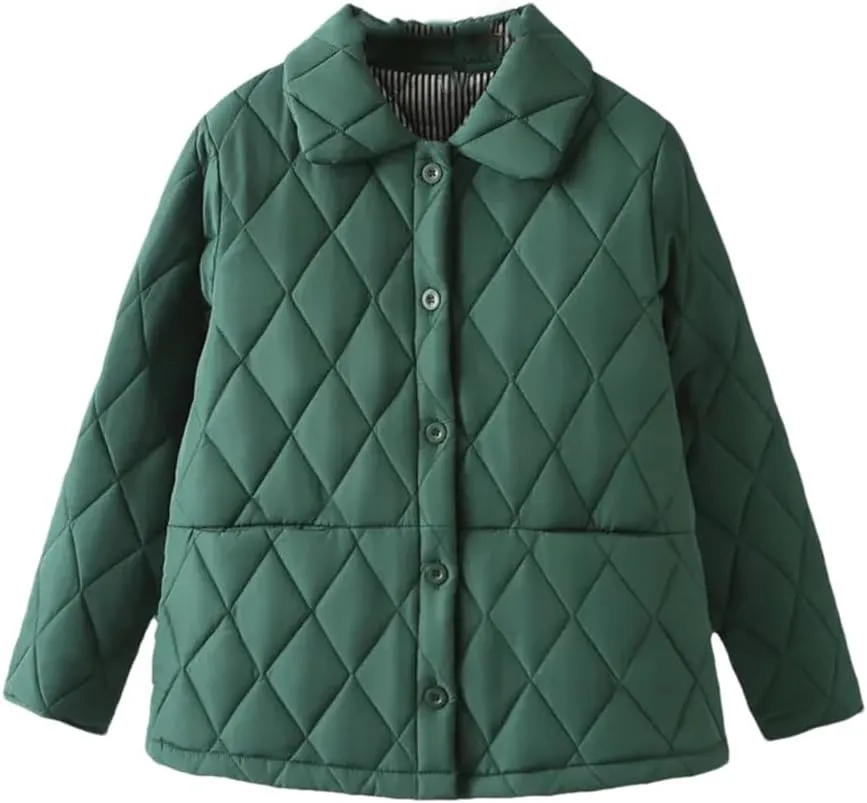 Alloaone Women Parka Winter Wear Loose Thin Argyle Lapel Cotton-Padded Coat