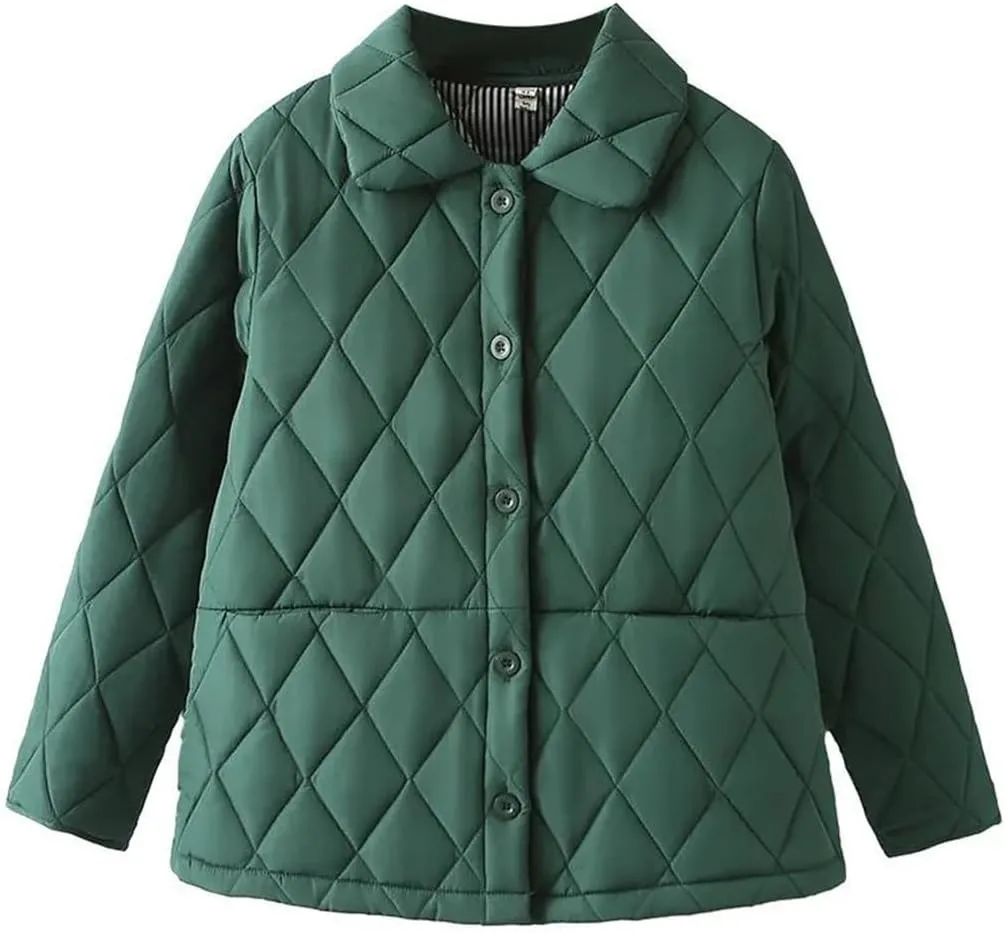 Alloaone Women Parka Winter Wear Loose Thin Argyle Lapel Cotton-Padded Coat