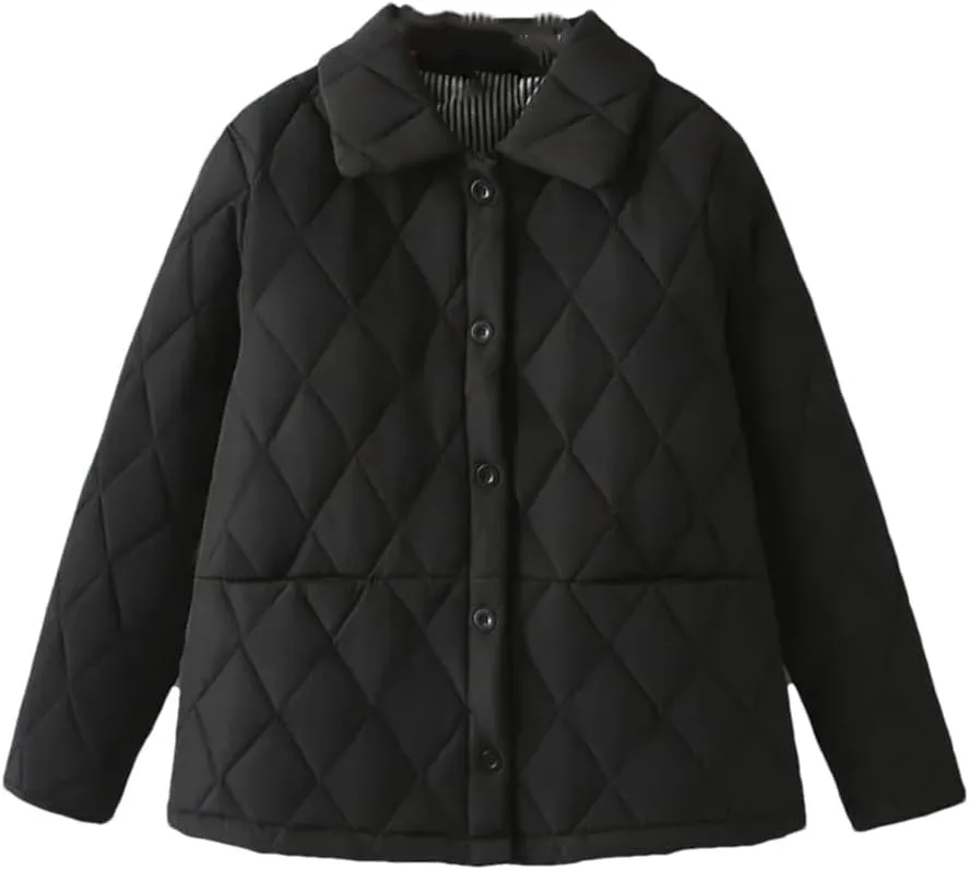 Alloaone Women Parka Winter Wear Loose Thin Argyle Lapel Cotton-Padded Coat