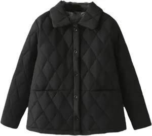 Alloaone Women Parka Winter Wear Loose Thin Argyle Lapel Cotton-Padded Coat