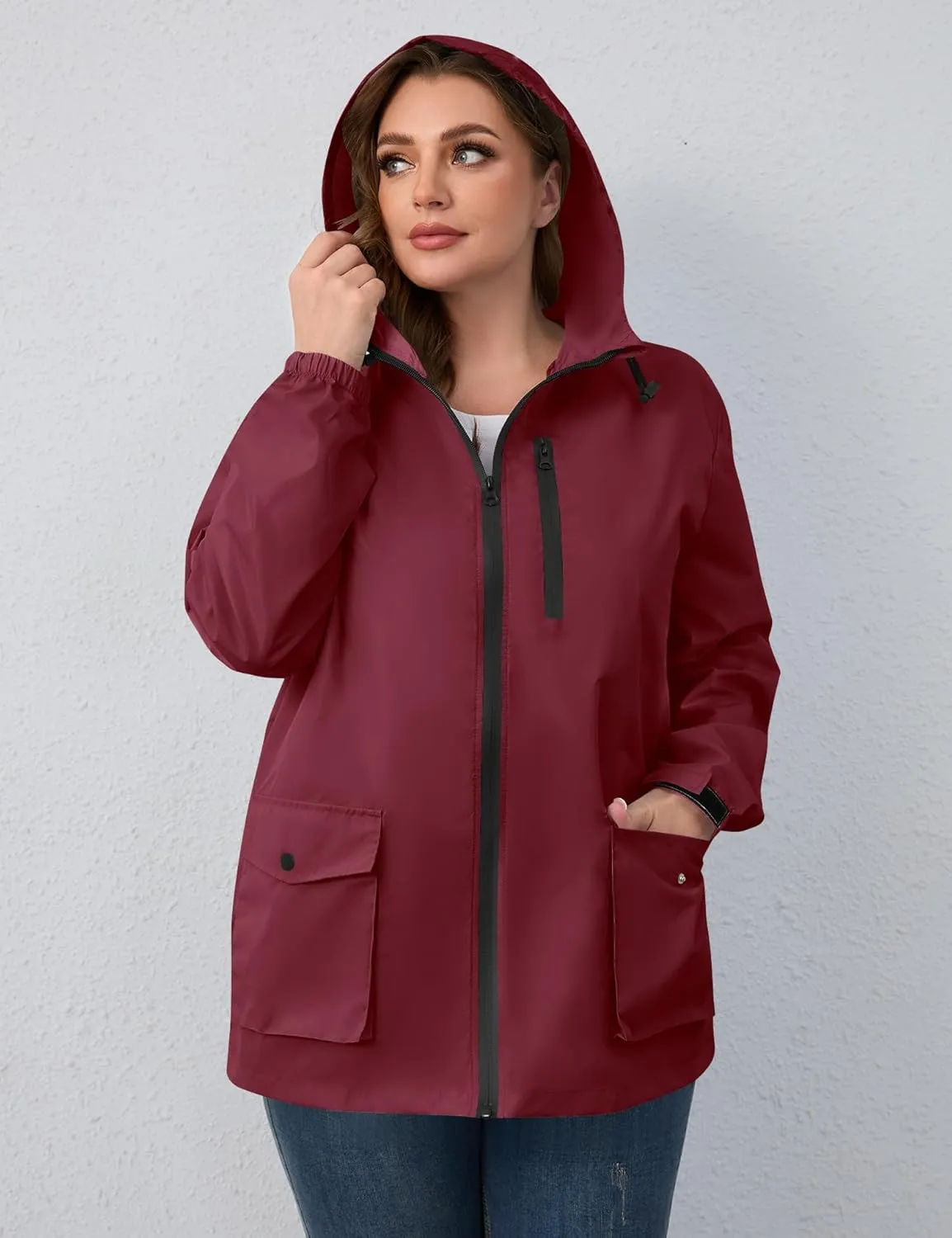 Avoogue Plus Size Womens Rain Jacket with Hood,Packable,Lightweight,Windbreaker,Waterproof Thin Jackets,Hiking,Travel