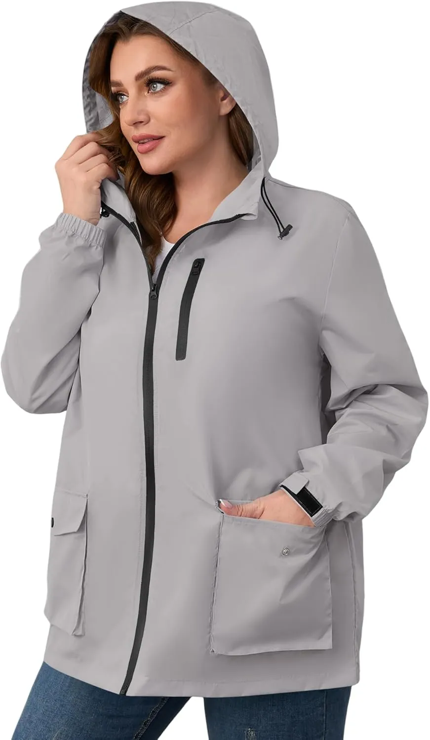 Avoogue Plus Size Womens Rain Jacket with Hood,Packable,Lightweight,Windbreaker,Waterproof Thin Jackets,Hiking,Travel