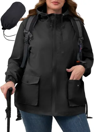 Avoogue Plus Size Womens Rain Jacket with Hood,Packable,Lightweight,Windbreaker,Waterproof Thin Jackets,Hiking,Travel