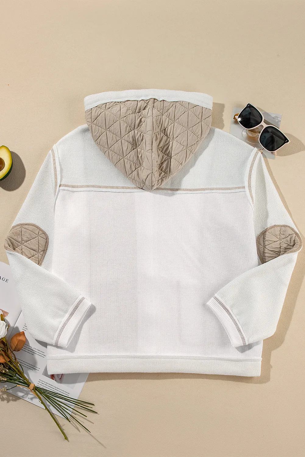 Beige Quilted Textured Patchwork Loose Fit Hooded Jacket