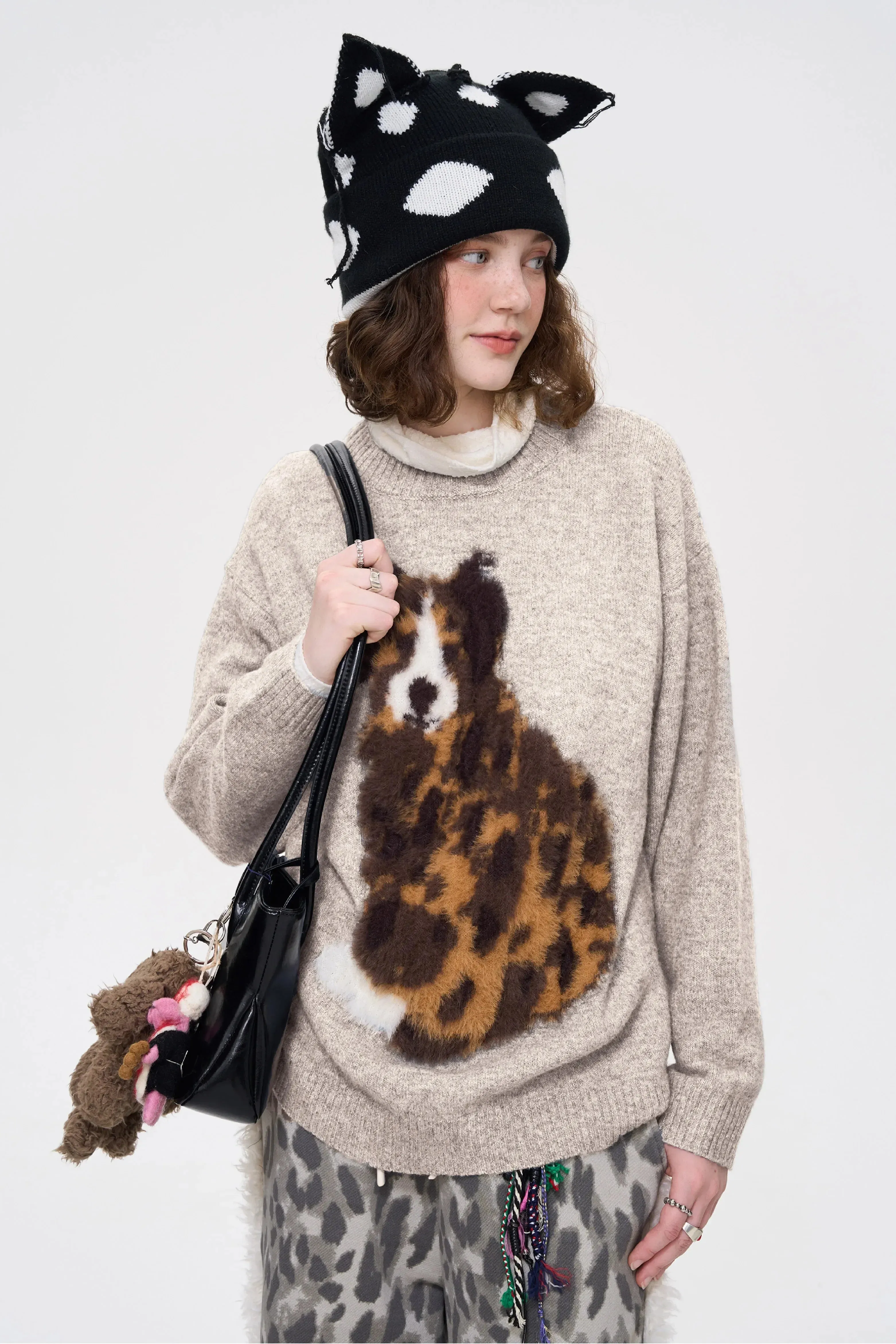 Black Friday Joskaa Grey Dog Print Sweater Women Kawaii Cartoon Graphic Long Sleeve Knitwear Oversize Streetwear Cutecore Winter Pullovers