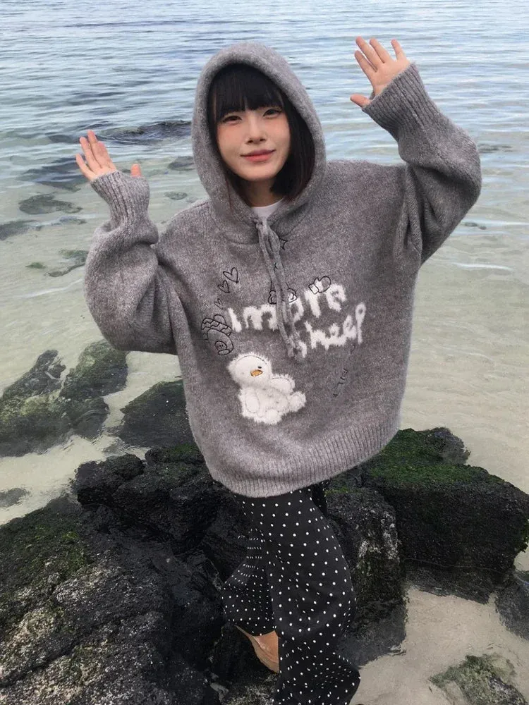 Black Friday Joskaa Kawaii Snowman Hooded Sweatshirt Women Gray Ribbed Hoodies Knitwear Korean Fashion Oversize Cutecore Winter Clothes Chic