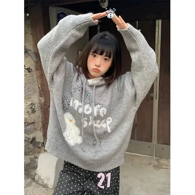 Black Friday Joskaa Kawaii Snowman Hooded Sweatshirt Women Gray Ribbed Hoodies Knitwear Korean Fashion Oversize Cutecore Winter Clothes Chic