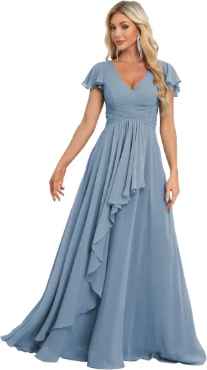 Bridesmaid Dresses Chiffon Wedding Guest Dresses for Women Floor Length V-Neck Ruffle Sleeves Ruched Formal Dress