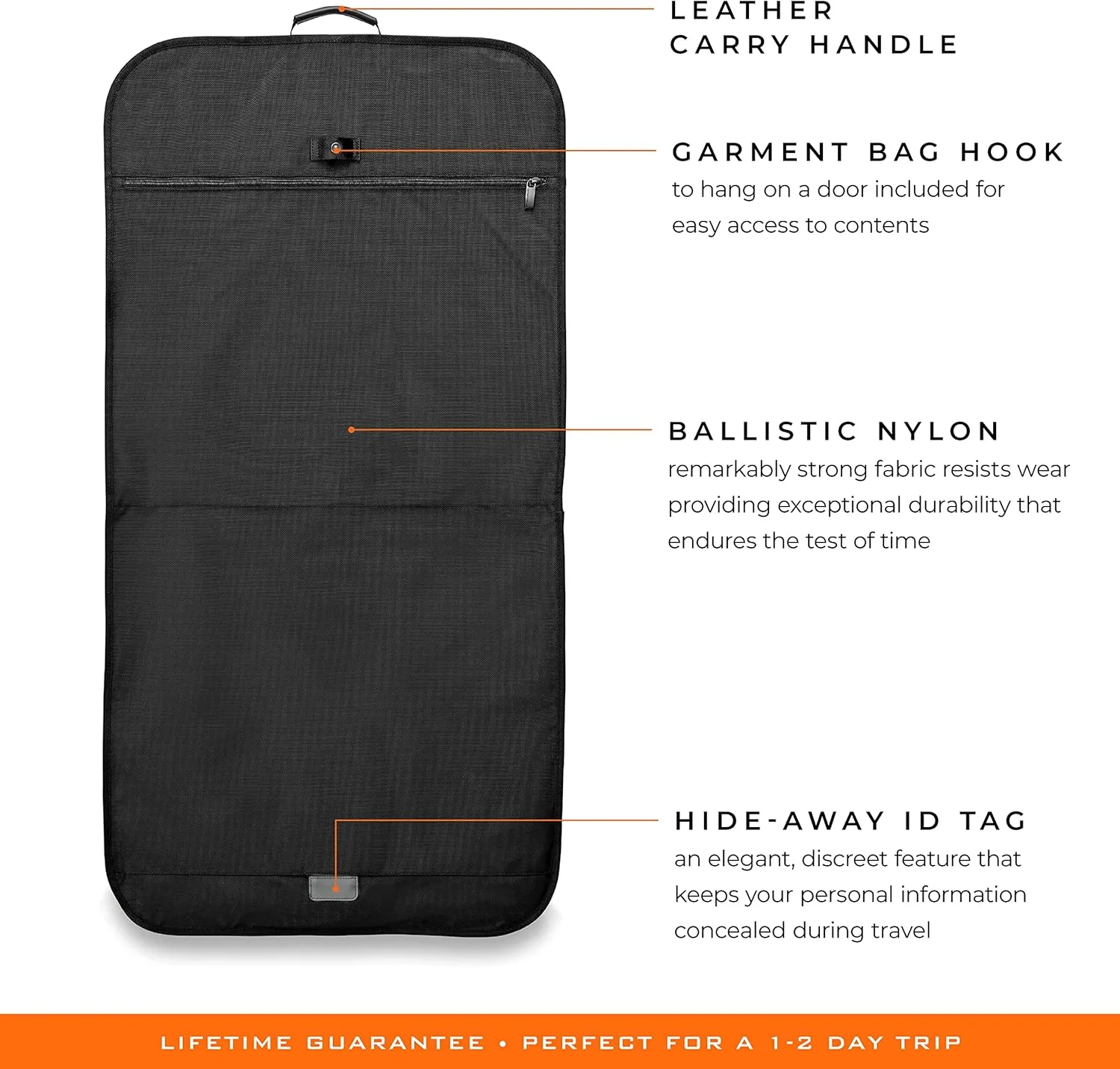 Briggs & Riley Classic Garment Bag for Hanging Clothes - Suit & Dress Travel Bag for Men & Women, Wrinkle Reducing Luggage for Shirts, Tuxedos, & Coats, Smooth Zipper - Baseline Collection, Black