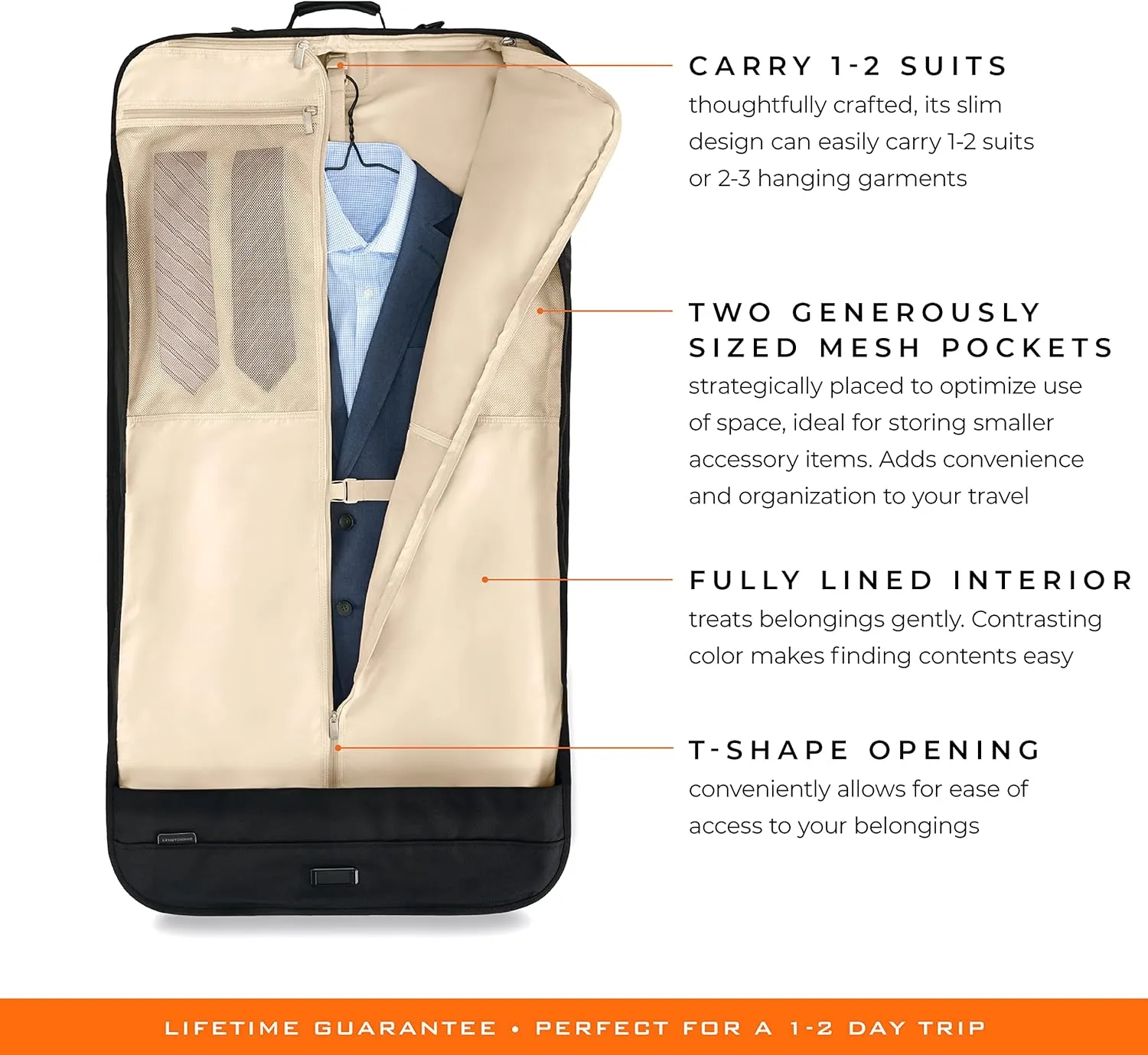 Briggs & Riley Classic Garment Bag for Hanging Clothes - Suit & Dress Travel Bag for Men & Women, Wrinkle Reducing Luggage for Shirts, Tuxedos, & Coats, Smooth Zipper - Baseline Collection, Black