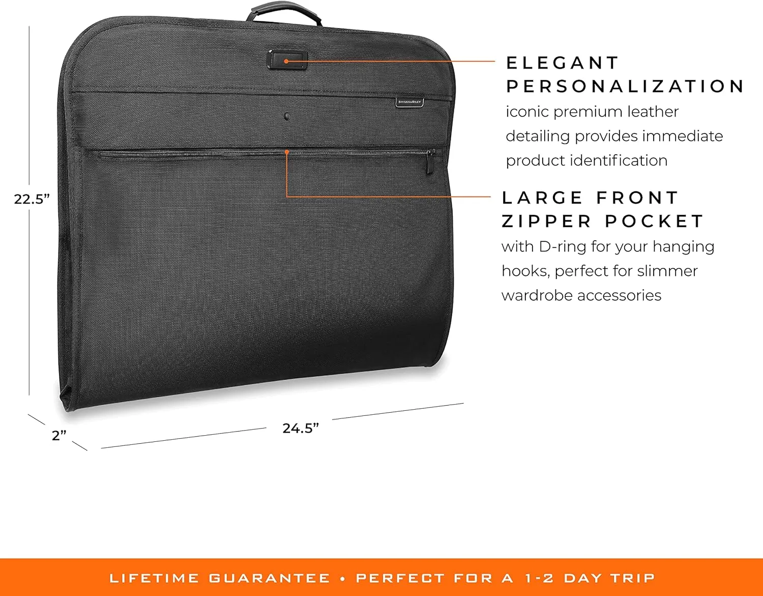 Briggs & Riley Classic Garment Bag for Hanging Clothes - Suit & Dress Travel Bag for Men & Women, Wrinkle Reducing Luggage for Shirts, Tuxedos, & Coats, Smooth Zipper - Baseline Collection, Black