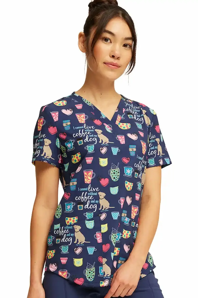 Cherokee Women's V-Neck Print Scrub Top | Coffee and My Dog