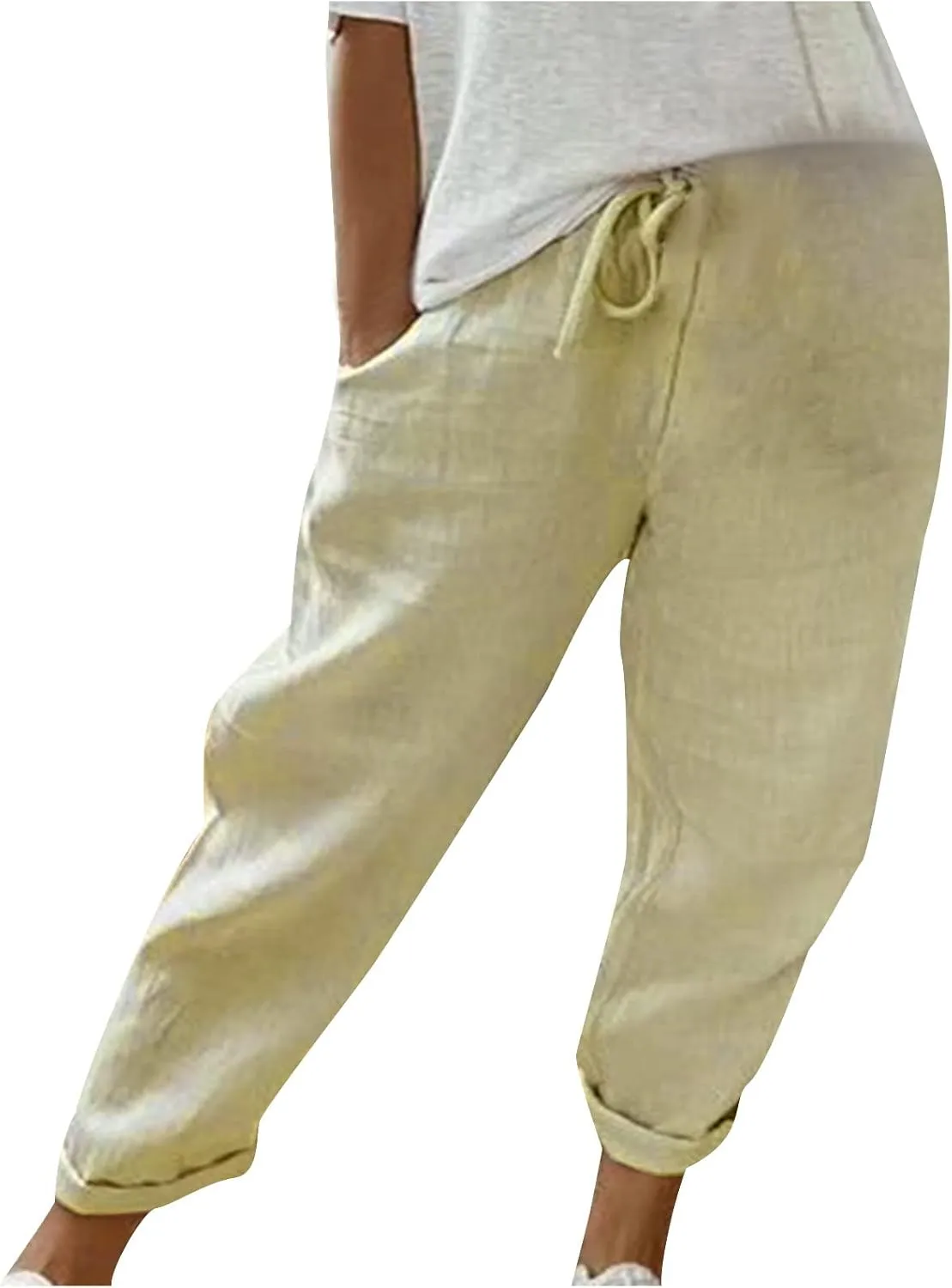 DASAYO Linen Pants Women Trendy Drawstring Elastic Waist Straight Leg Trousers Lightweight Comfy Besch Pants Summer Clothes