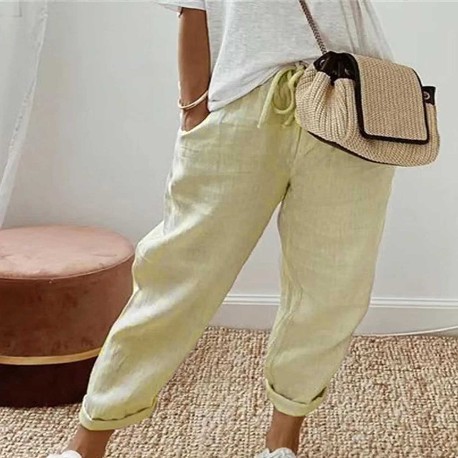 DASAYO Linen Pants Women Trendy Drawstring Elastic Waist Straight Leg Trousers Lightweight Comfy Besch Pants Summer Clothes