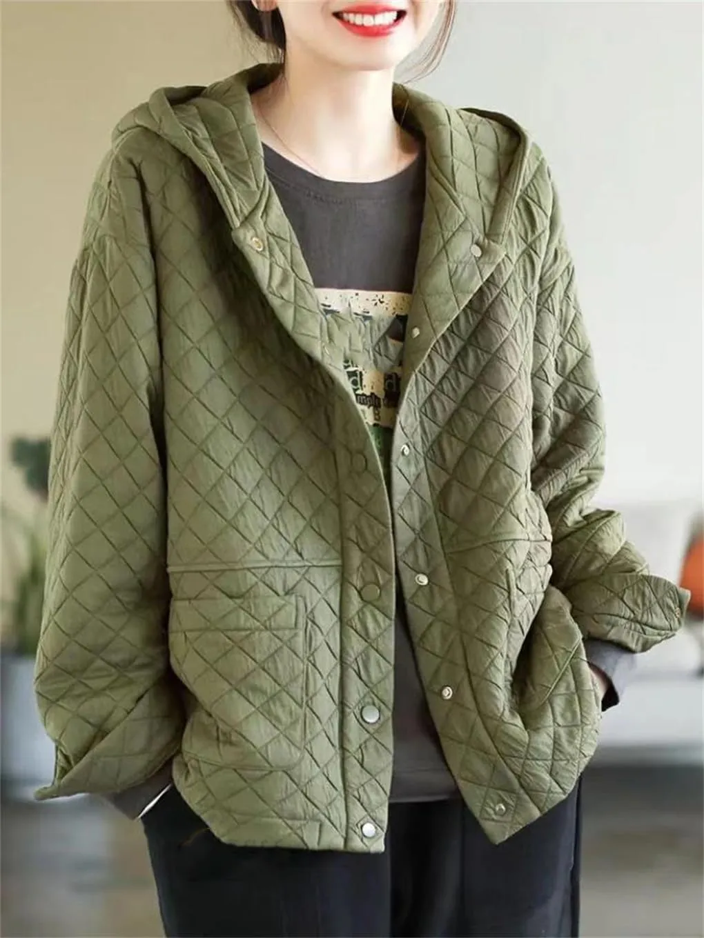 DBFBDTU Women Hooded Quilted Coats Autumn Winter Thin Coat Long Sleeves Cotton Padded Outwear
