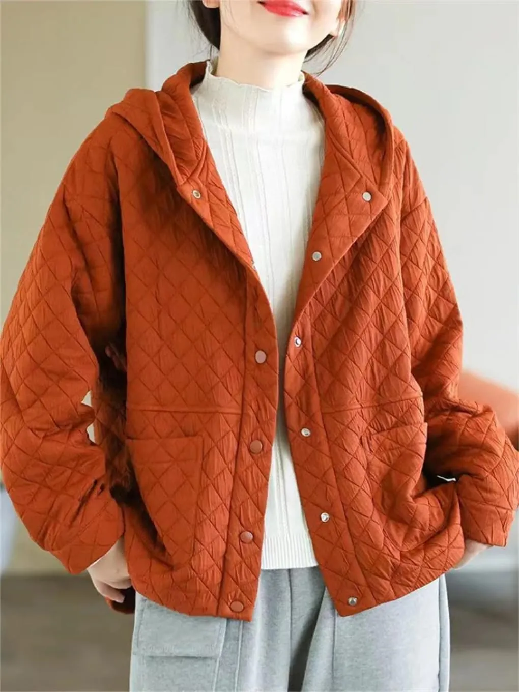 DBFBDTU Women Hooded Quilted Coats Autumn Winter Thin Coat Long Sleeves Cotton Padded Outwear