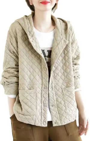DBFBDTU Women Hooded Quilted Coats Autumn Winter Thin Coat Long Sleeves Cotton Padded Outwear