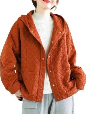 DBFBDTU Women Hooded Quilted Coats Autumn Winter Thin Coat Long Sleeves Cotton Padded Outwear