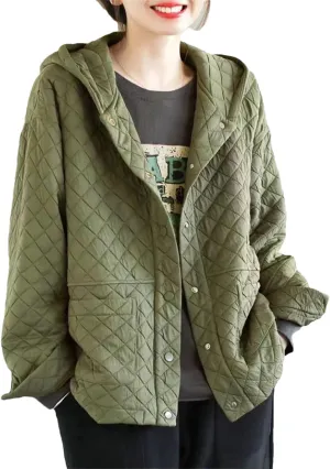 DBFBDTU Women Hooded Quilted Coats Autumn Winter Thin Coat Long Sleeves Cotton Padded Outwear