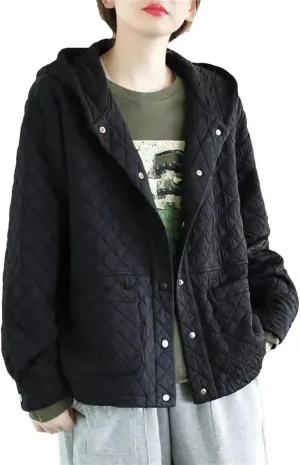 DBFBDTU Women Hooded Quilted Coats Autumn Winter Thin Coat Long Sleeves Cotton Padded Outwear